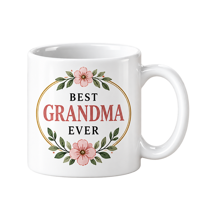 White mug with the words Best Grandma Ever inside a gold ring decorated with pink flowers and leaves.