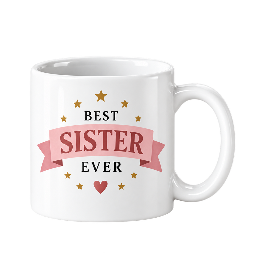 White mug with the words Best Sister Ever, Sister on a pink ribbon banner with gold stars around it.