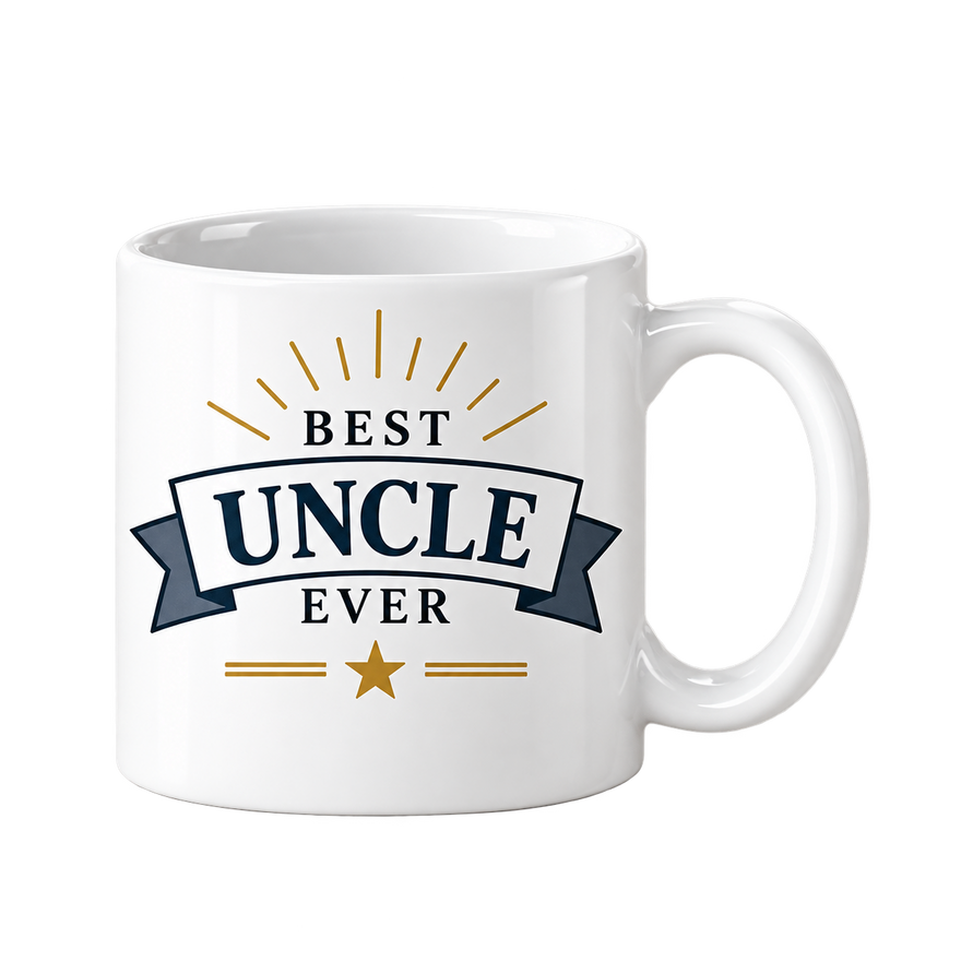 White mug with the words Best Uncle Ever, Uncle on a navy ribbon banner with gold rays and a star.