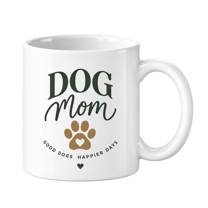 White mug with Dog Mom in green lettering above a gold paw print with a heart.