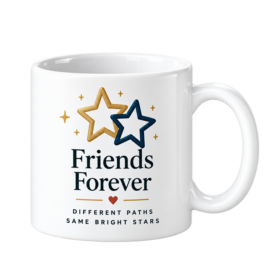 White mug with two outlined stars, gold and navy, above the words Friends Forever.