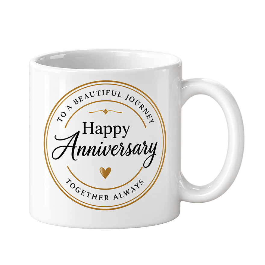 White mug with Happy Anniversary in dark script inside a gold ring with small curved text around the edge.