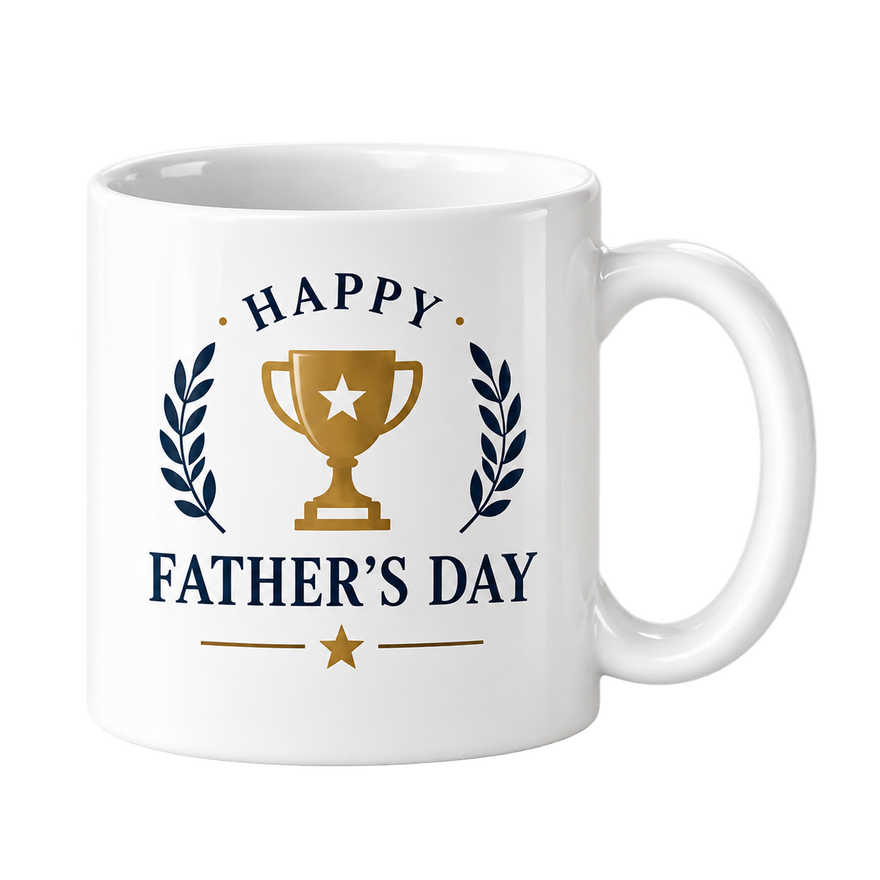 White mug with a gold trophy between navy laurel branches above the words Happy Father’s Day.