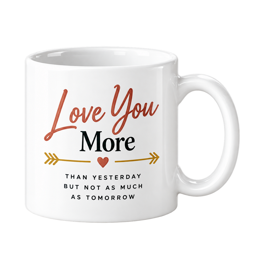 White mug with Love You in terracotta script and More in dark lettering, with a gold arrow and heart.