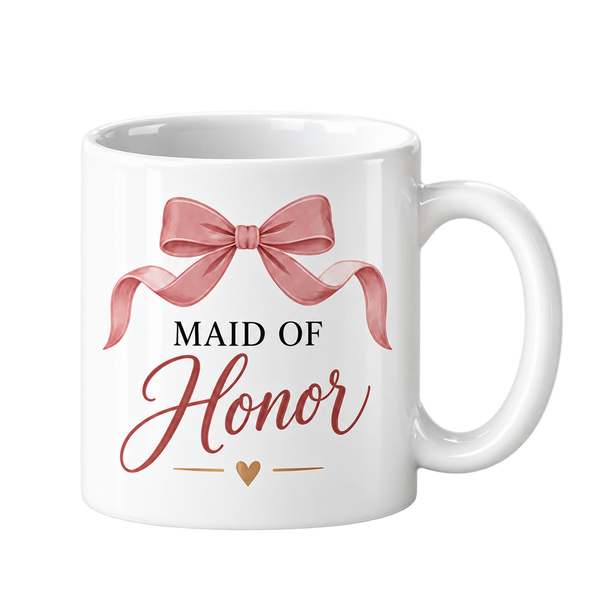 White mug with a large pink bow above the words Maid of Honor in rose script.