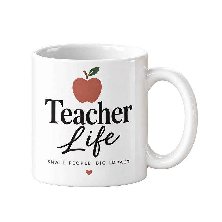 White mug with a red apple above the words Teacher Life in black lettering and script.