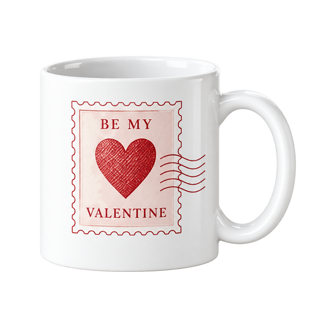 White mug with a pink postage stamp design showing a red heart and the words Be My Valentine.
