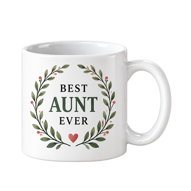 White mug with the words Best Aunt Ever in green inside a leaf wreath with a small red heart.