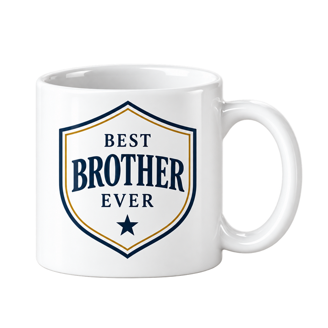 White mug with the words Best Brother Ever inside a navy and gold shield outline with a star.