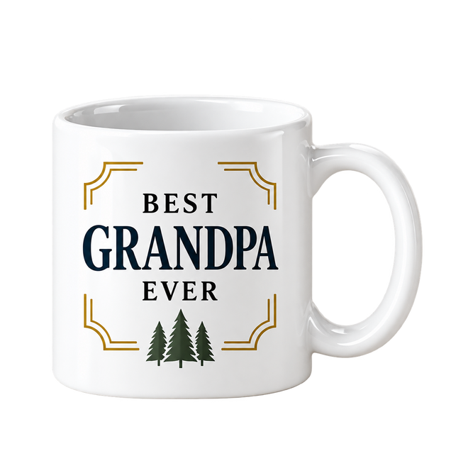 White mug with the words Best Grandpa Ever in navy, gold corner frame and three green pine trees.