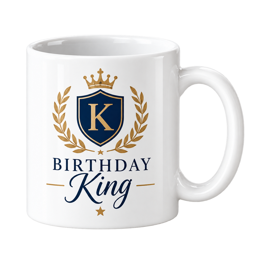 White mug with a navy shield showing a gold letter K under a crown, laurel leaves and the words Birthday King.