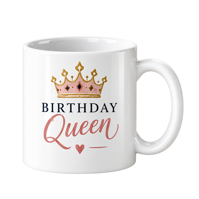White mug with a pink and gold crown above the words Birthday Queen in navy and rose script.