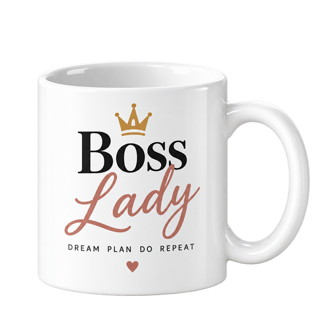 White mug with Boss in black lettering, Lady in rose script and a small gold crown.