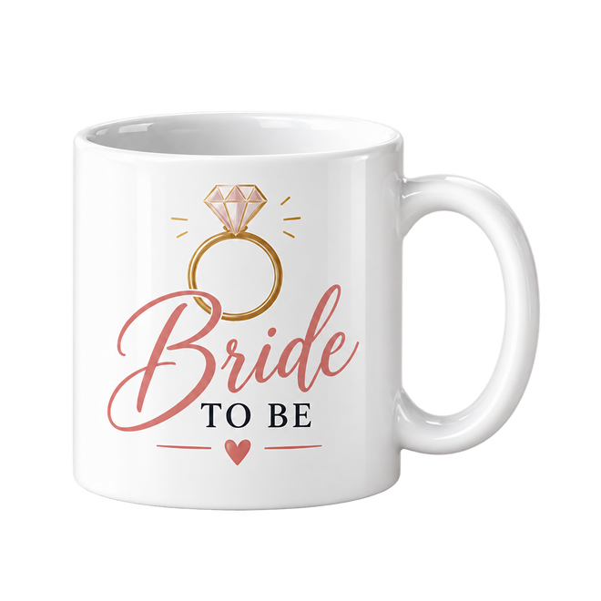 White mug with a gold ring drawing with a pink gem above the words Bride To Be in rose script.