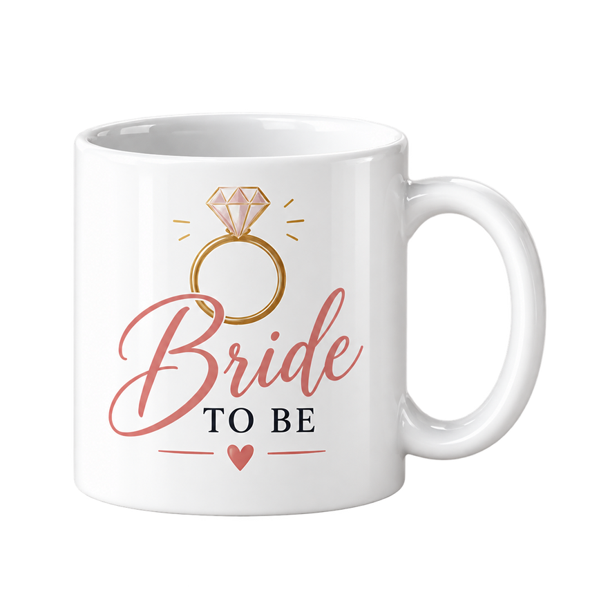White mug with a gold ring drawing with a pink gem above the words Bride To Be in rose script.