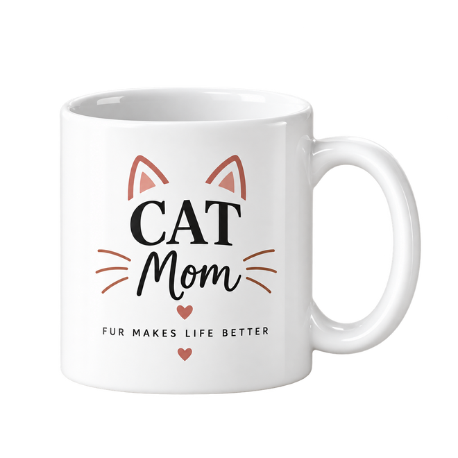 White mug with Cat Mom in black lettering framed by pink cat ears and whiskers.