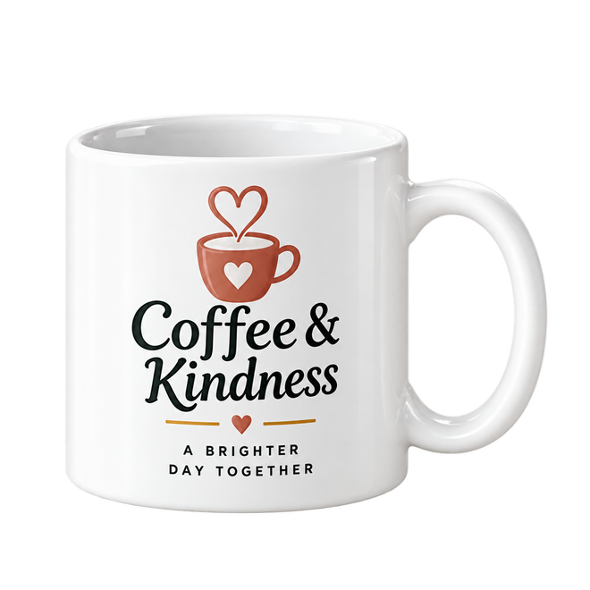 White mug with a terracotta cup and heart-shaped steam above the words Coffee and Kindness.