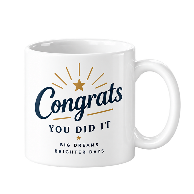White mug with Congrats in navy script under gold rays and a star, and You Did It below.