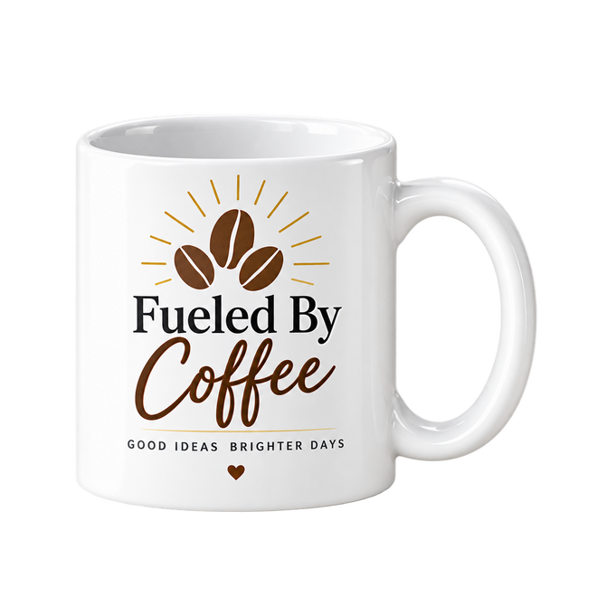 White mug with three brown coffee beans under gold rays above the words Fueled By Coffee.