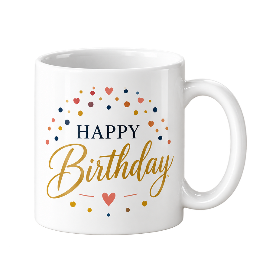 White mug with Happy Birthday in navy capitals and gold script under an arch of colorful confetti dots.