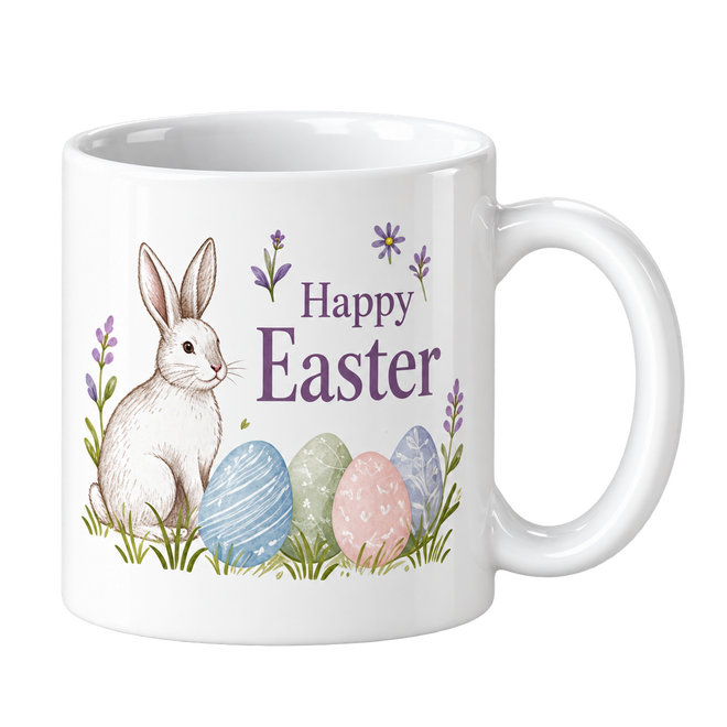 White mug with a white bunny, pastel Easter eggs and lavender sprigs next to the words Happy Easter.