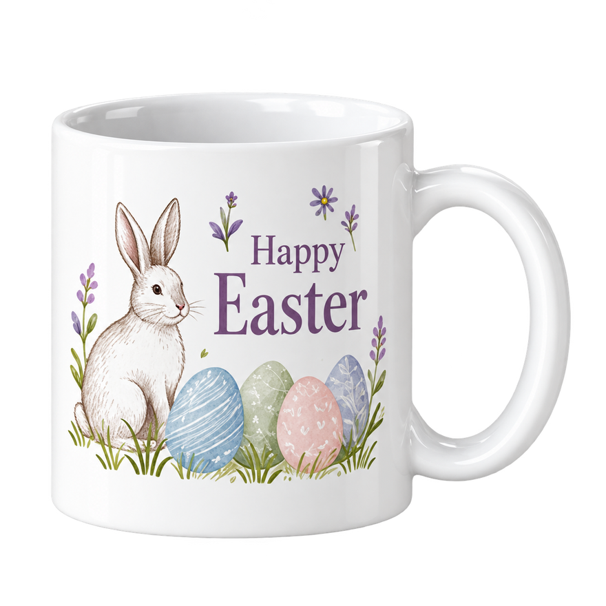 White mug with a white bunny, pastel Easter eggs and lavender sprigs next to the words Happy Easter.