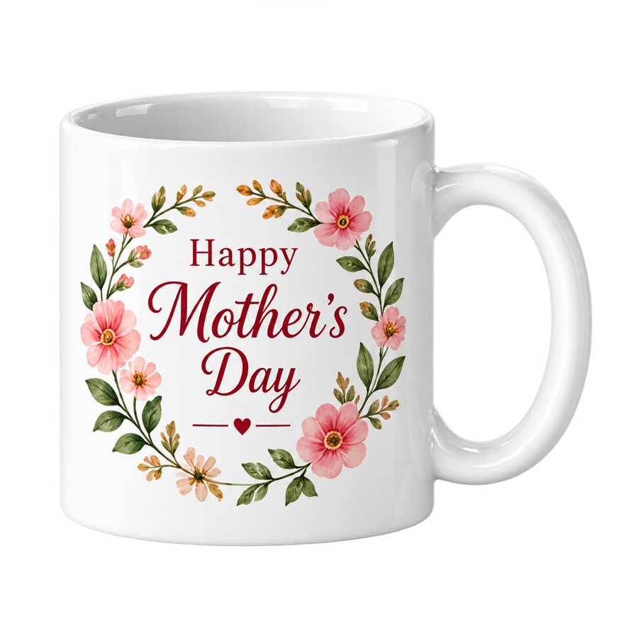 White mug with Happy Mother’s Day in raspberry script inside a wreath of pink flowers.