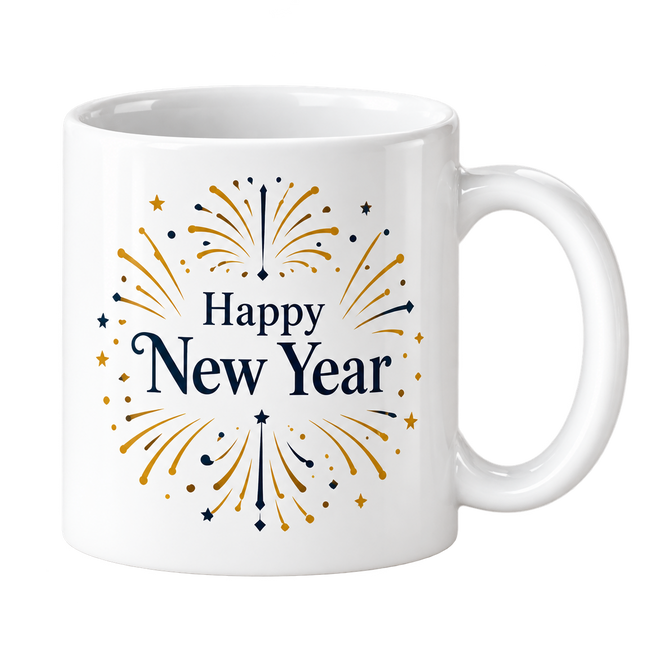 White mug with Happy New Year in navy lettering surrounded by gold and navy firework bursts.