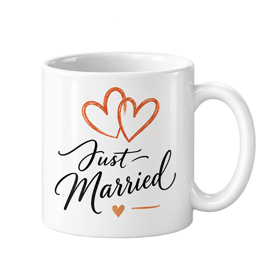 White mug with two interlocking copper heart outlines above the words Just Married in dark script.