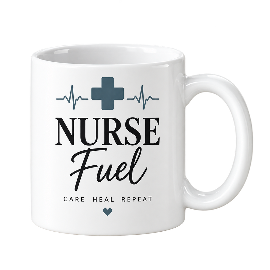 White mug with a slate-blue cross and heartbeat line above Nurse Fuel in black lettering.