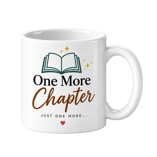 White mug with an open book drawing above the words One More Chapter in black and brown script.