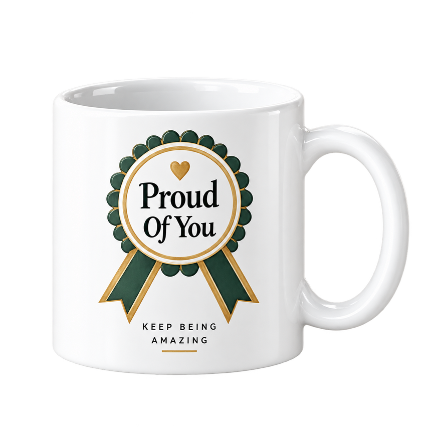 White mug with a green and gold award rosette that reads Proud Of You.