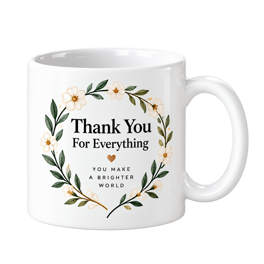 White mug with Thank You For Everything inside a green leaf wreath with cream flowers.
