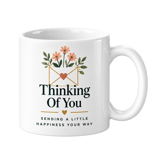 White mug with an envelope holding pink flowers above the words Thinking Of You.