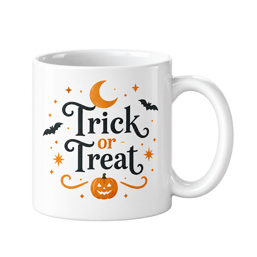 White mug with Trick or Treat in black and orange lettering, a moon, bats and a small pumpkin.
